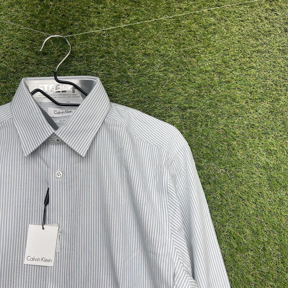 Calvin Klein Steel+ Dress Shirt Mens 15.5 32/33 Slim Fit Pool Blue Performance